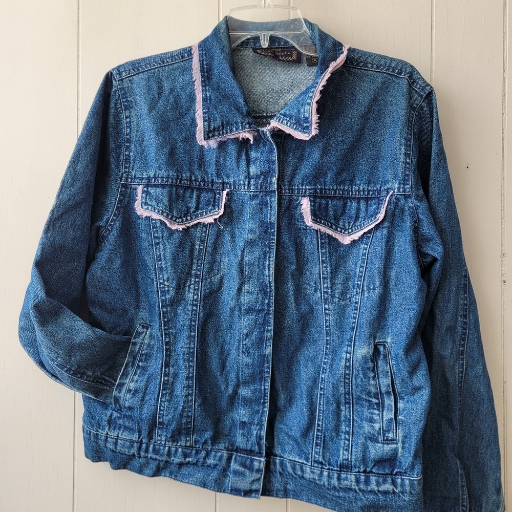 Vintage 90s Jean Jacket Snap Closure Pink Fringe Pockets
